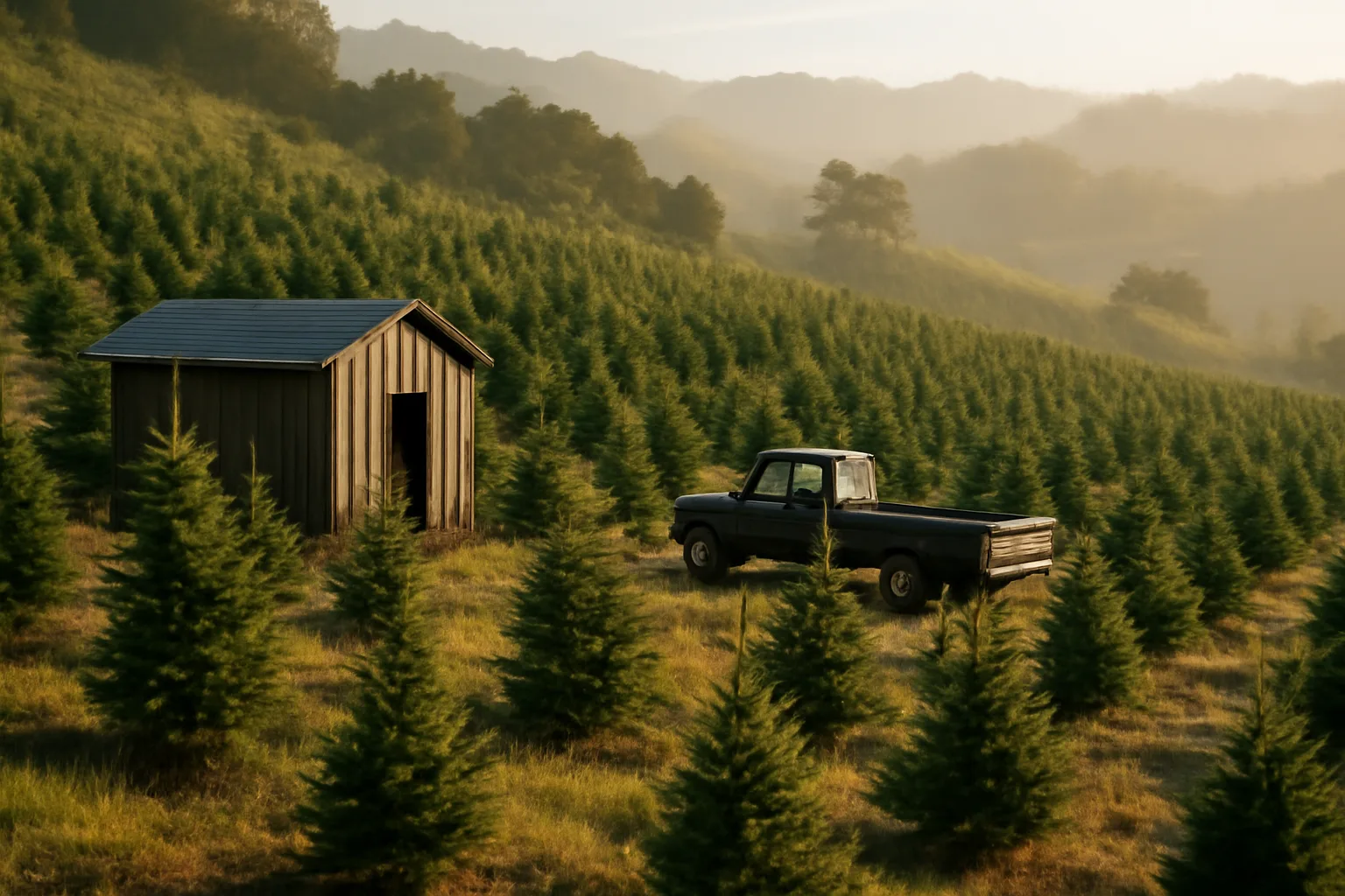 California Christmas tree farm rows with morning mist and hills