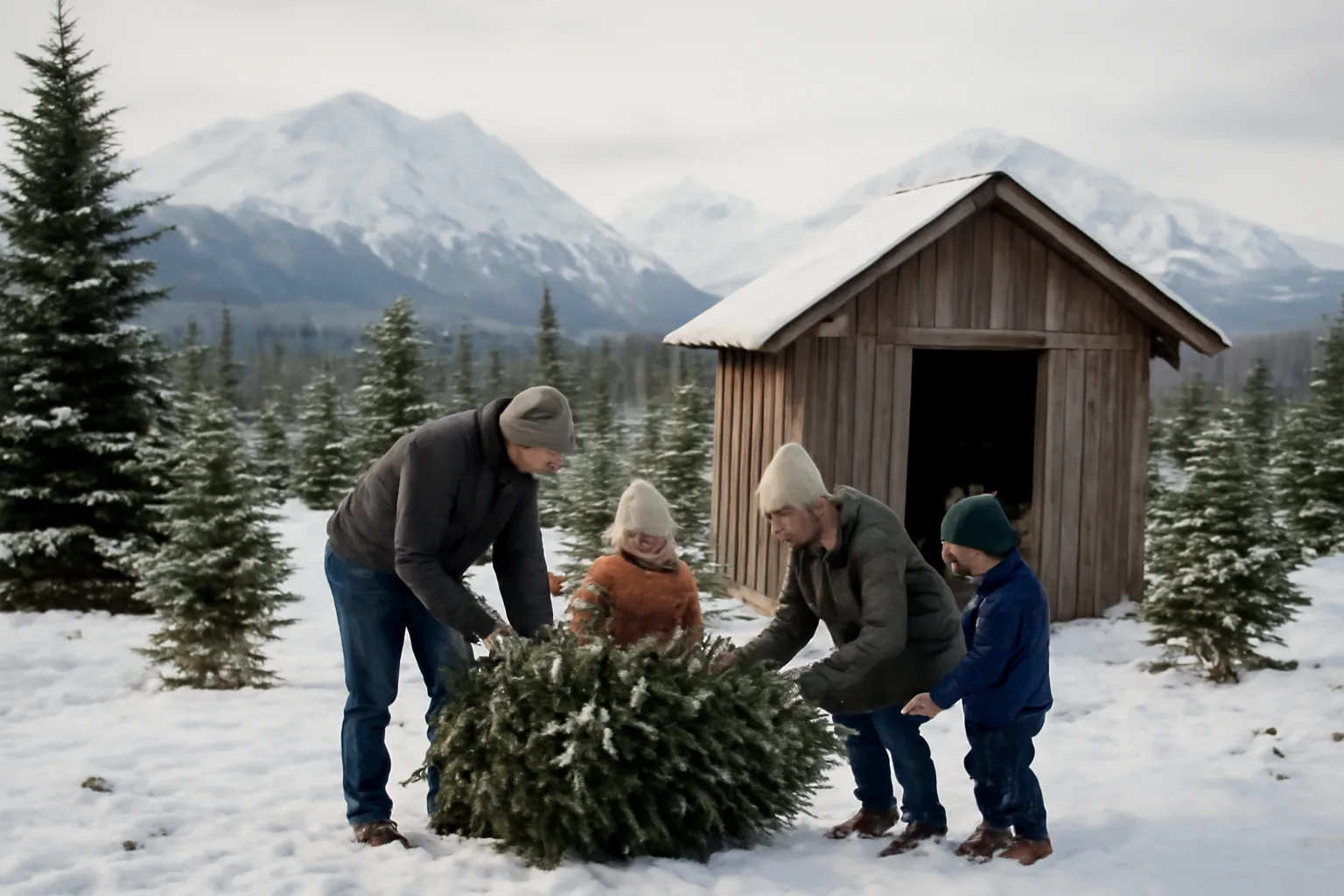 Family bundling a white spruce at an Alaska Christmas tree farm with snowy mountains behind