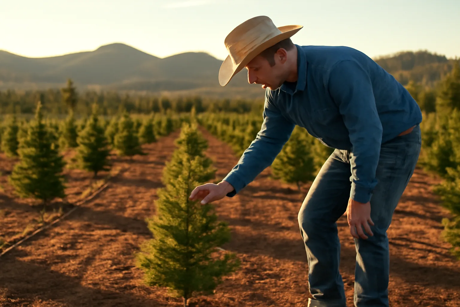 Rows of Afghan pine Christmas trees on a drip-irrigated Arizona farm with mountain backdrop
