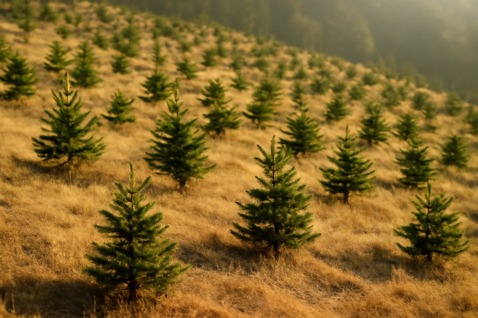 Young Christmas trees in a dry California foothill choose-and-cut field