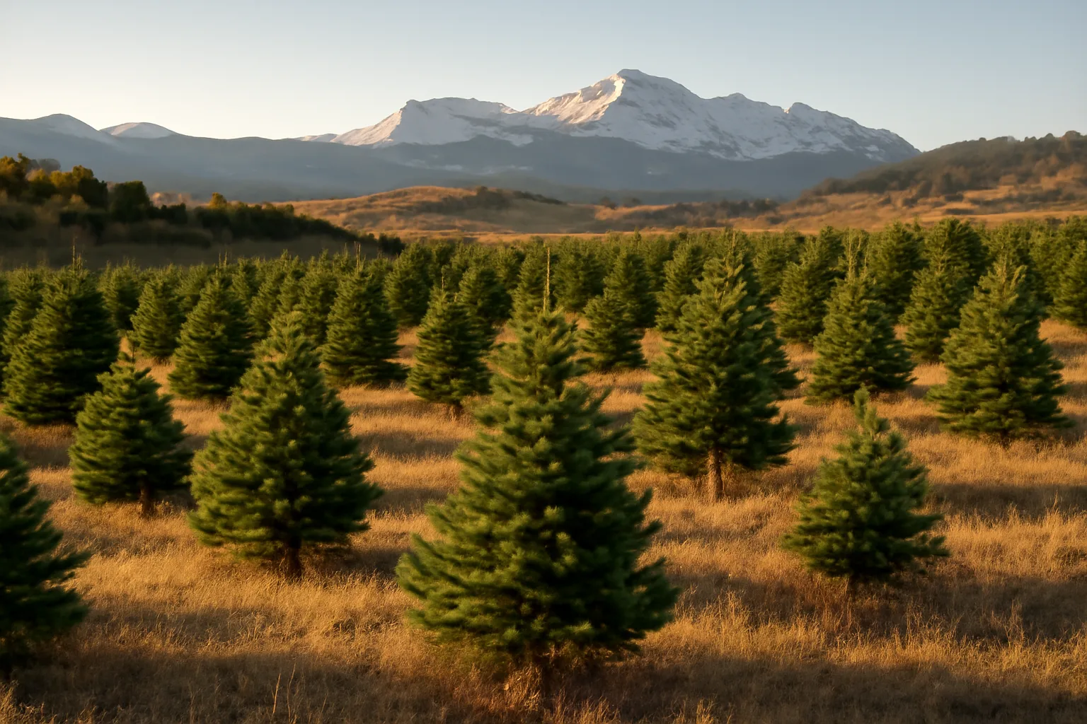 Christmas tree farm in Colorado foothills with young trees and mountain backdrop