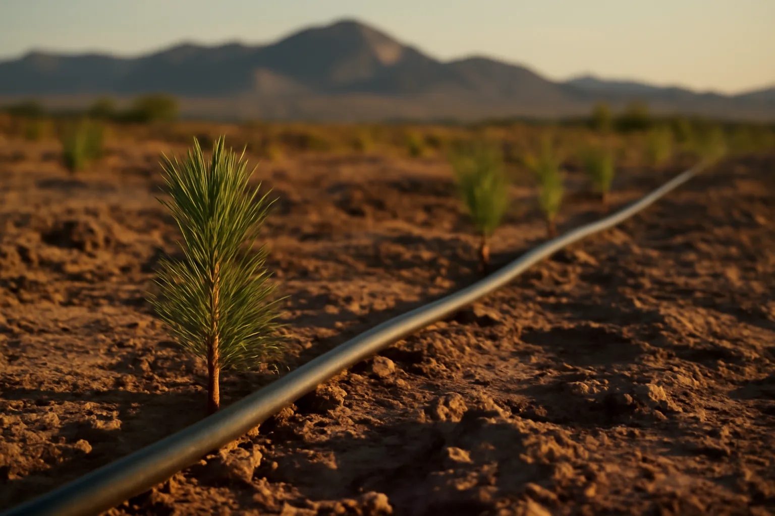 young pine seedlings in a dry Arizona high country field with irrigation