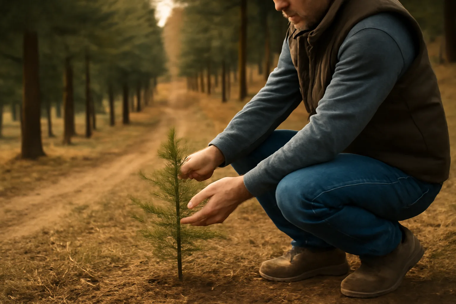 Christmas tree farm renewal rows of evergreens on California hillside