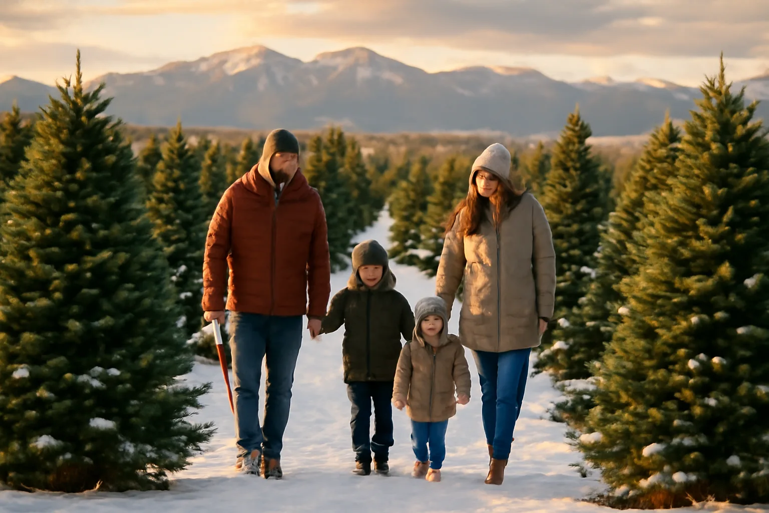 Family selecting a Christmas tree on a snowy Colorado choose-and-cut farm with mountains behind.