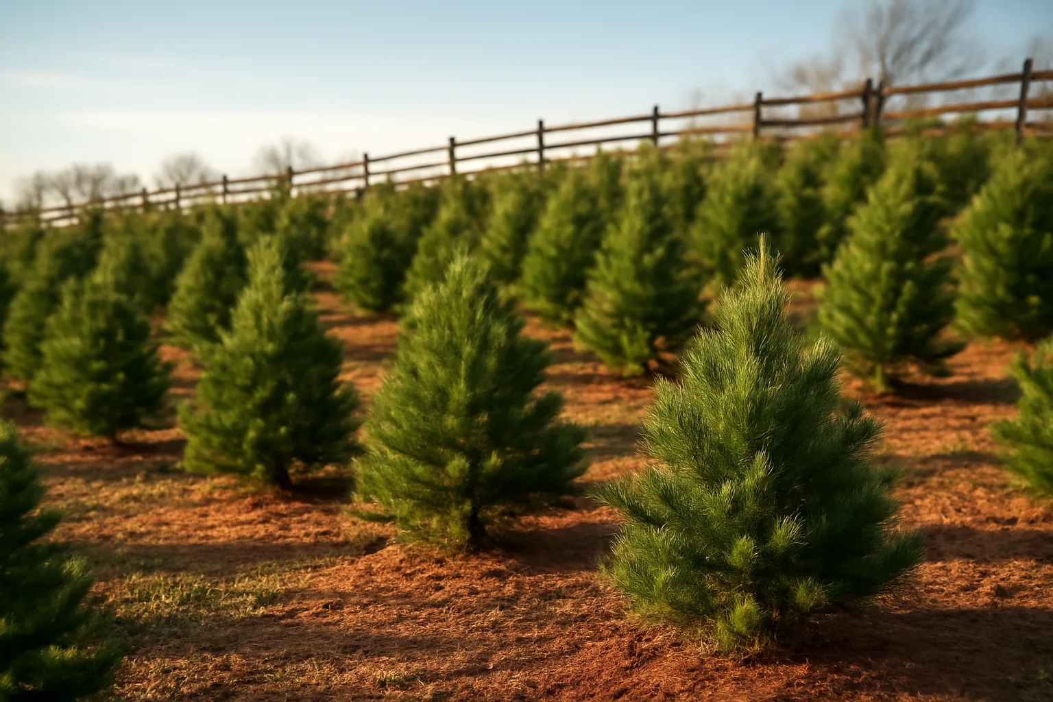 Young Virginia pine christmas trees growing in rows on an Alabama farm