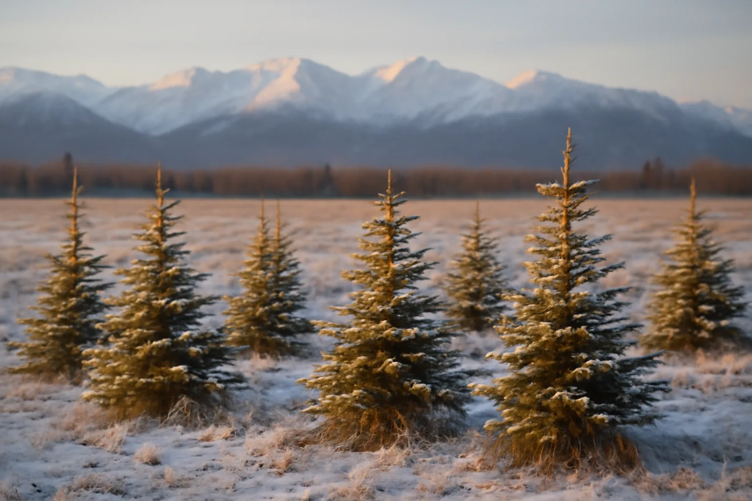 Young spruce trees on a snowy Alaska christmas tree farm field at dusk