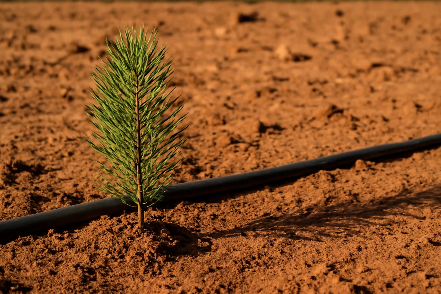 Afghan pine seedling in Arizona soil with irrigation line