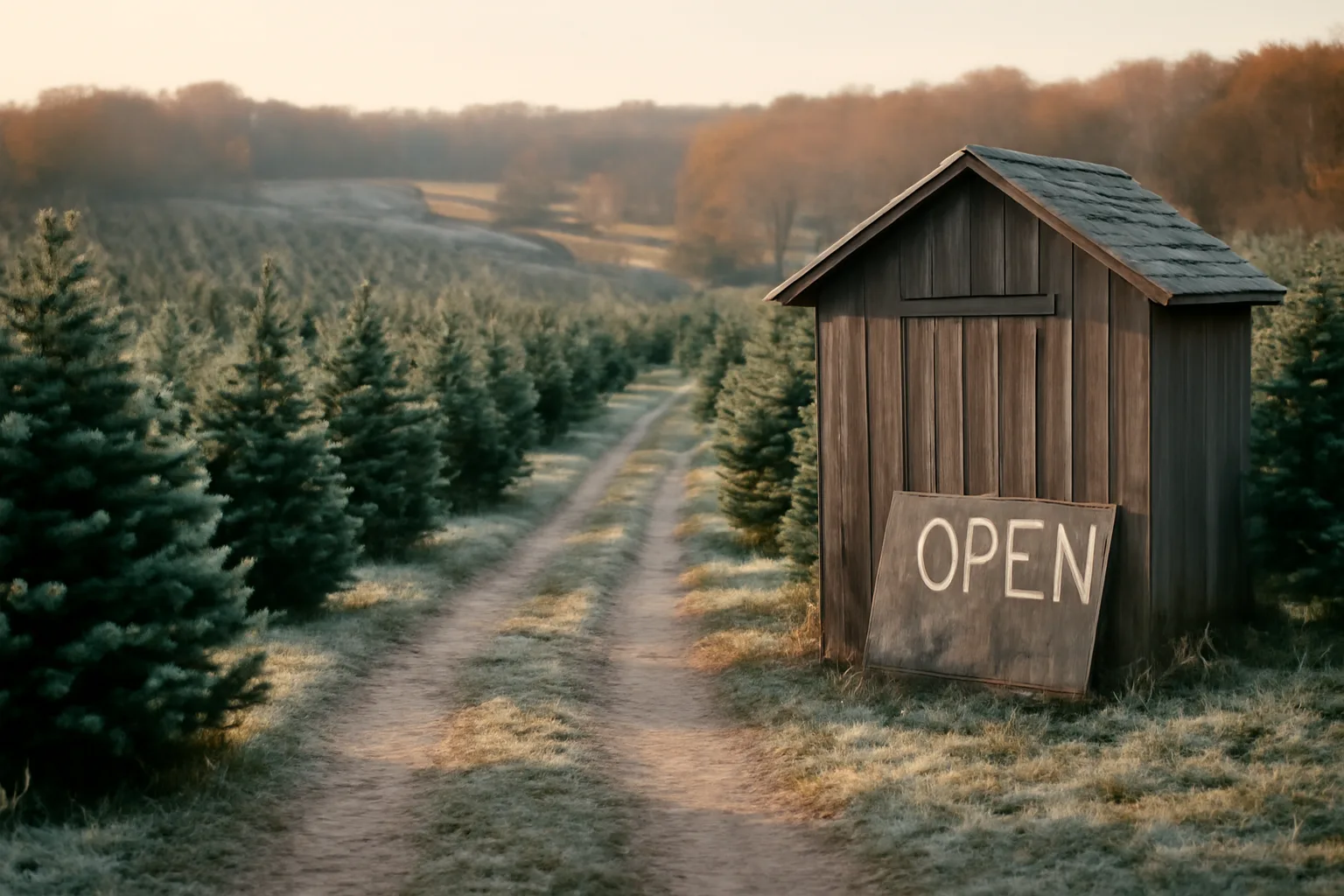 Rows of mature Christmas trees on a Connecticut farm on a frosty November morning, dirt lane between plantings, simple wood shed in the distance.
