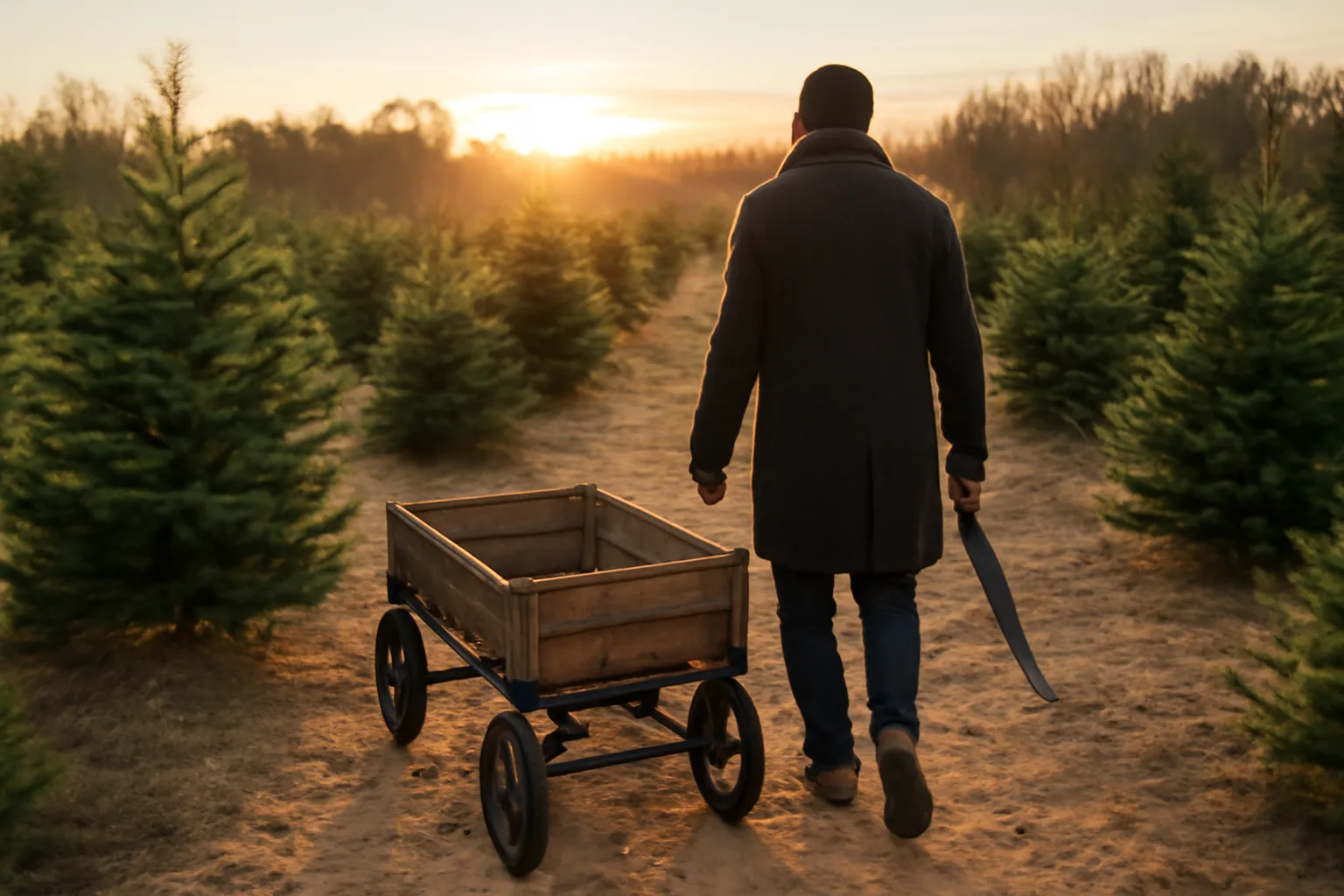 Winter rows of pines on a Delaware Christmas tree farm