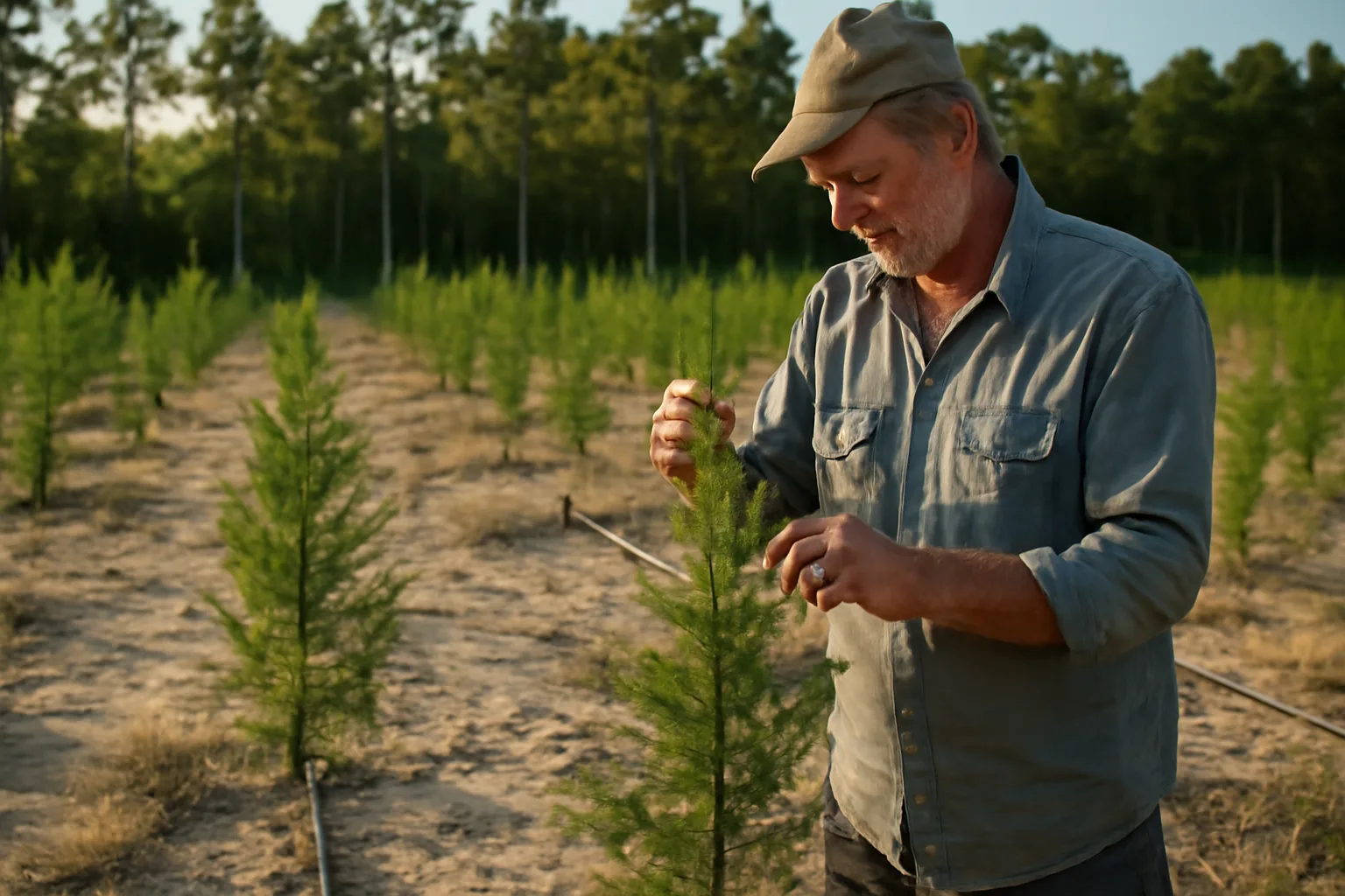 Grower walking young cypress rows on a Florida Christmas tree farm
