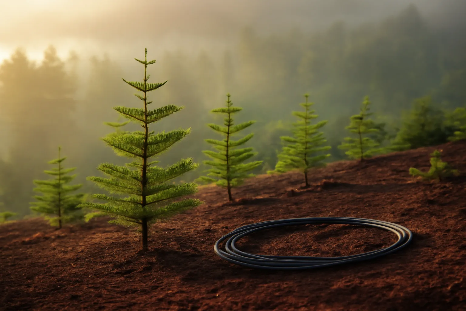 Young Norfolk Island pines on a foggy Hawaii christmas tree farm slope