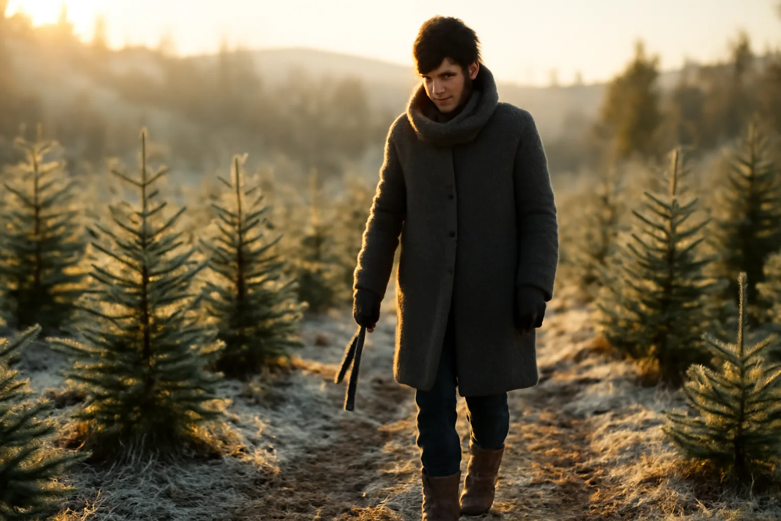 Grower walking frosty fir rows on an Idaho Christmas tree farm