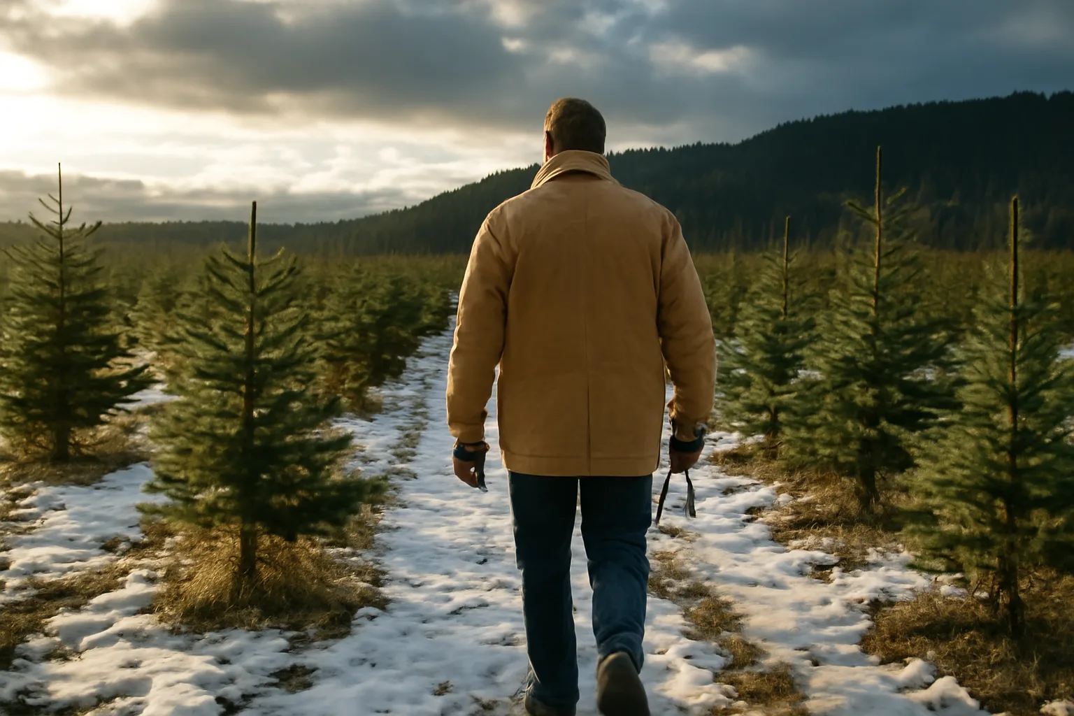 Snowy Douglas-fir rows on an Idaho Christmas tree farm
