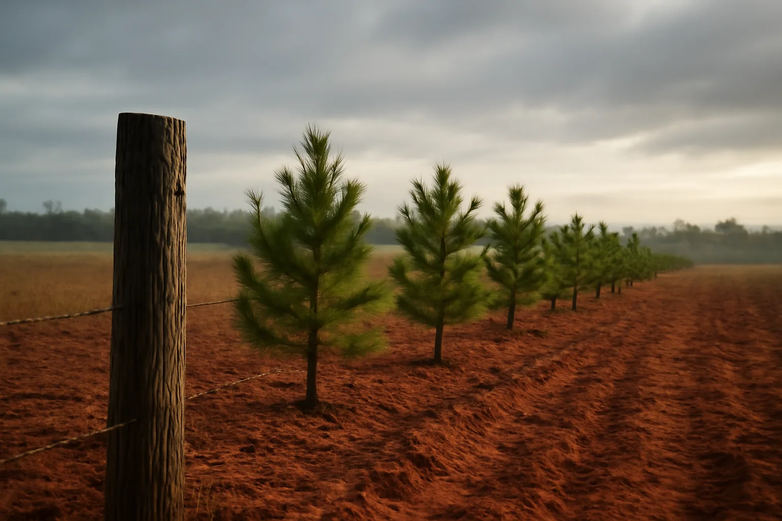 Rows of young Virginia Pine christmas trees growing in an Alabama red-clay field