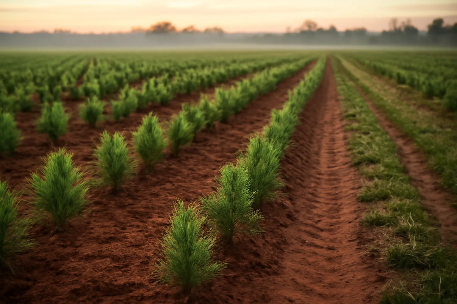 Young Christmas tree seedlings in neat rows on an Arkansas farm