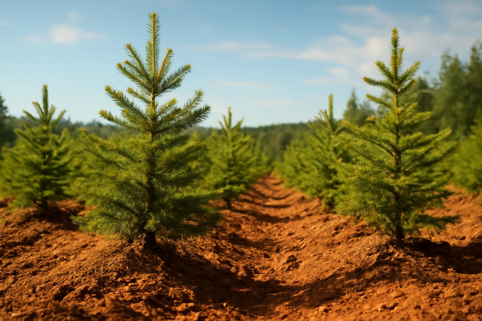 Young Douglas fir trees in a California foothill sunlit plantation with red clay soil between rows.