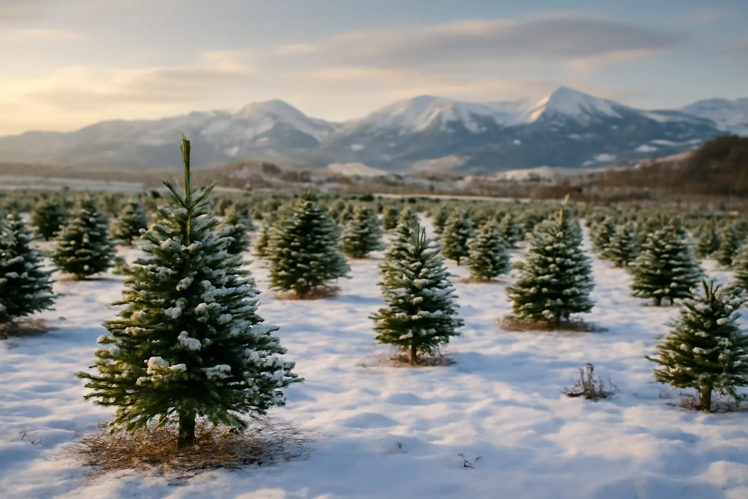 Rows of young Christmas trees on a Colorado farm with mountains in the distance