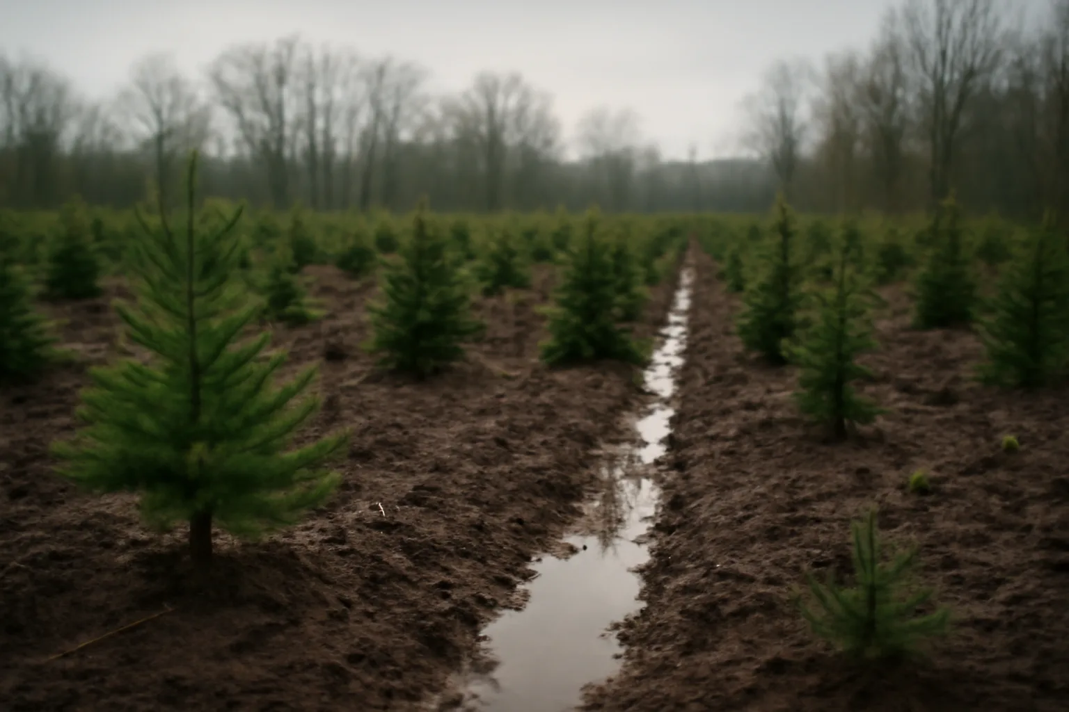 Young Christmas tree farm rows in wet Delaware winter soil