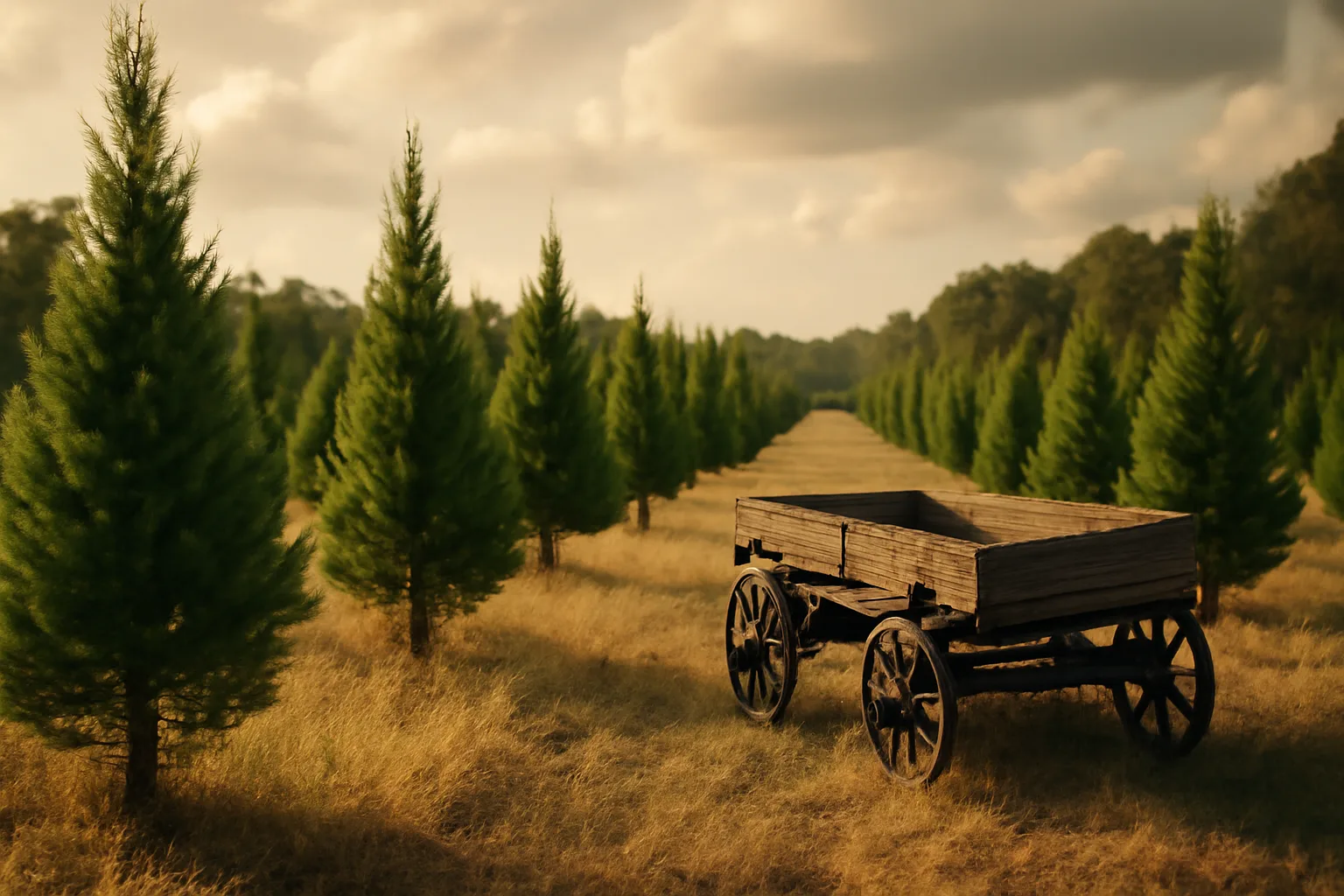 Young Florida cypress Christmas trees in sandy farm rows at sunset