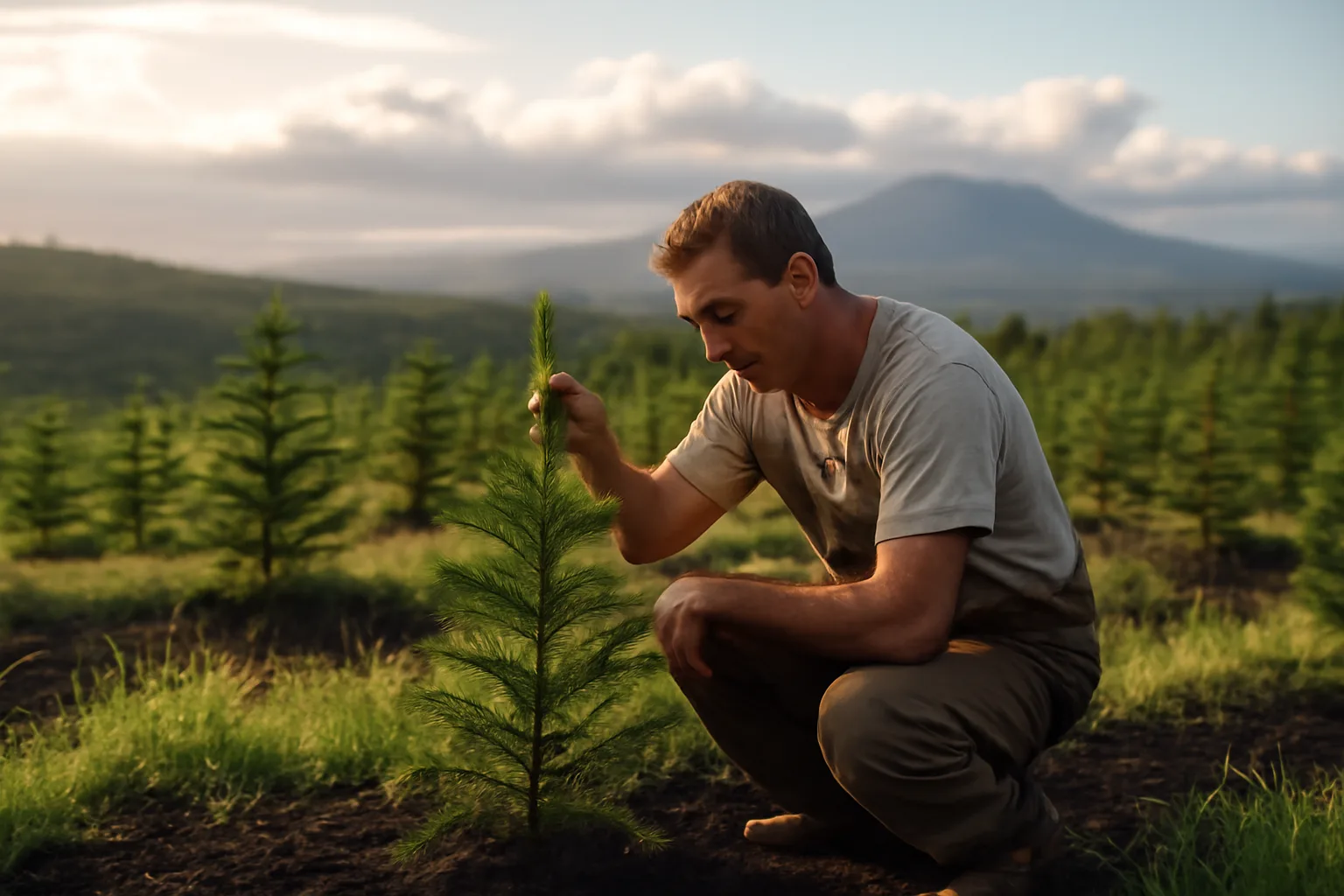 Farmer checking young Norfolk pines on a Hawaii christmas tree farm