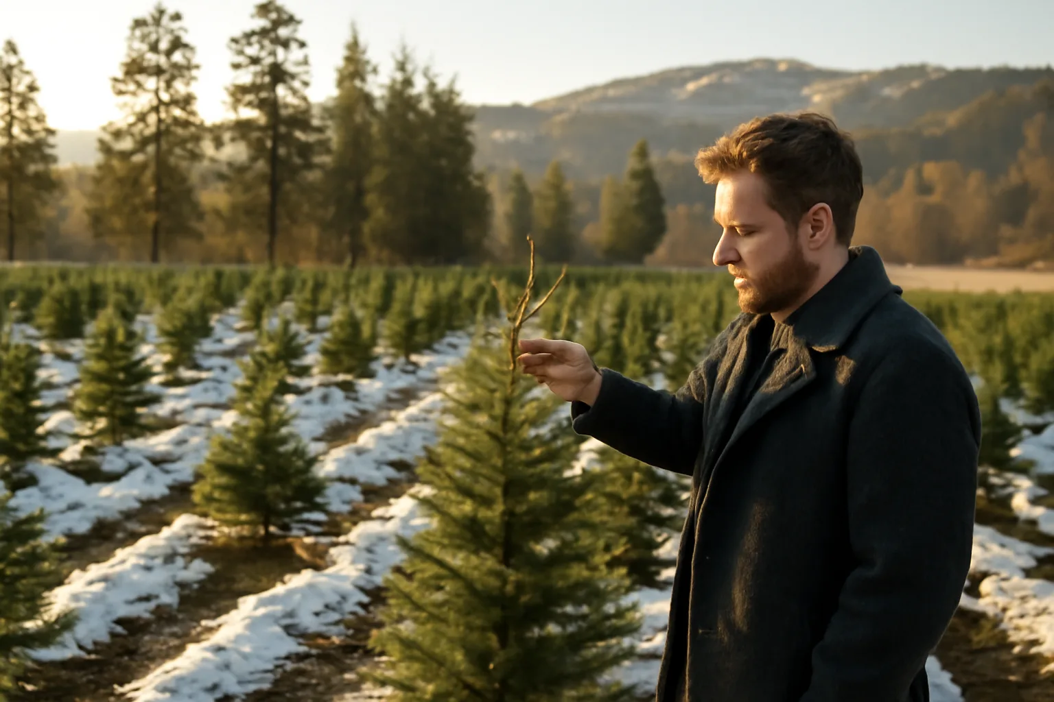 Snowy Idaho fir rows at a christmas tree farm in winter