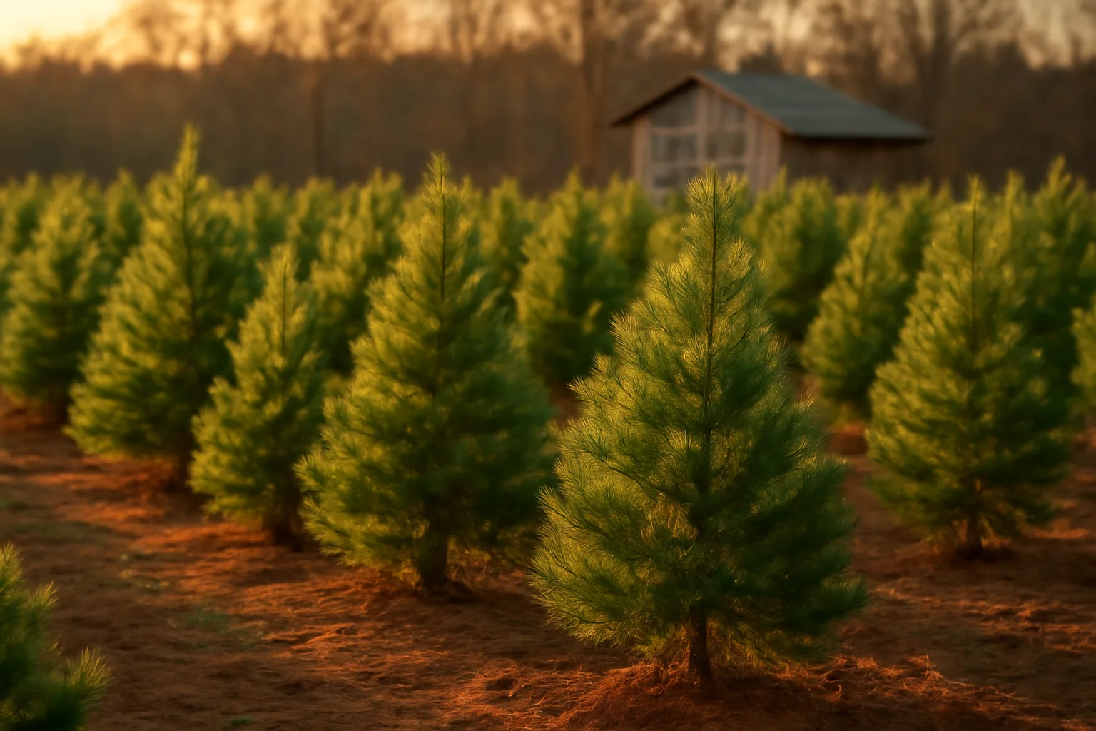 Rows of young Virginia pine christmas trees on an Alabama farm field at golden hour