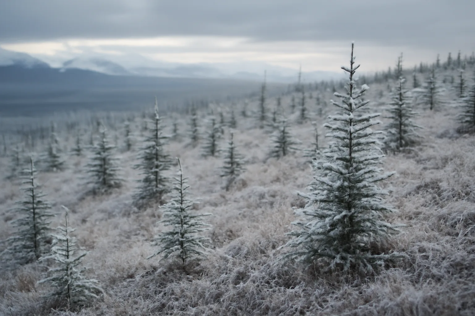 Young white spruce trees on a frost-covered Alaska hillside in winter light