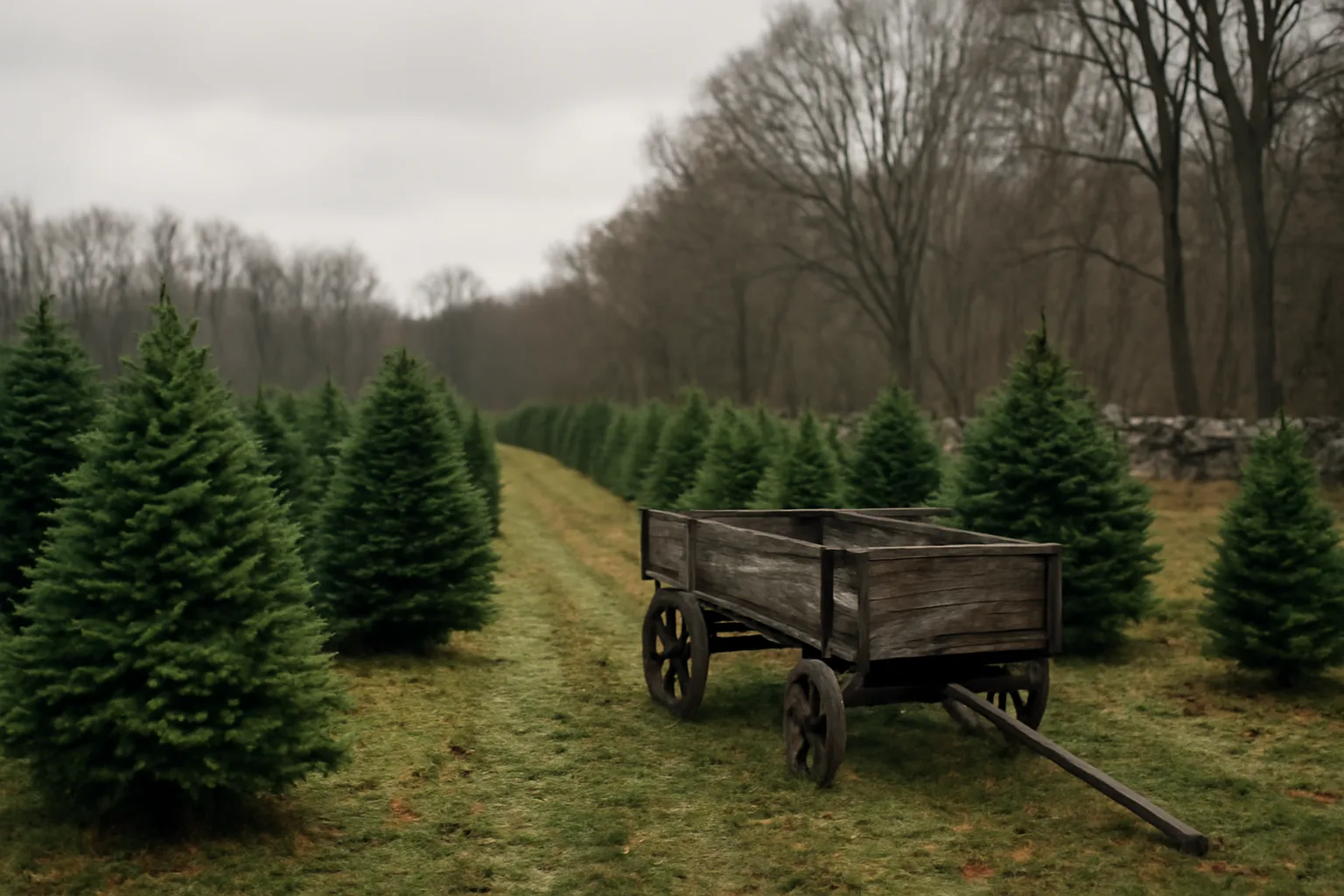 Sheared fir rows on a Connecticut Christmas tree farm in December