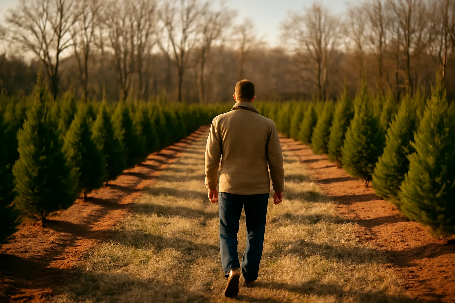 Young Christmas trees in red clay rows on a Georgia hillside