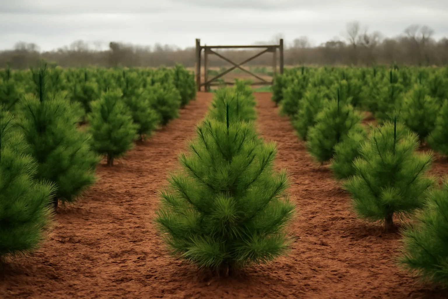 Young Virginia pine christmas trees growing in rows on Alabama red clay soil
