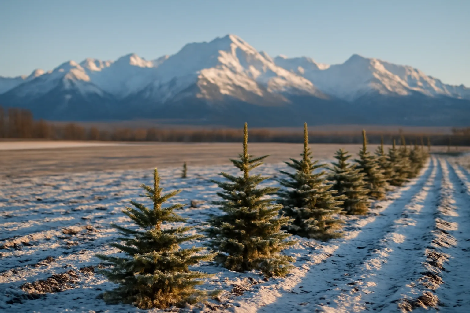 Young white spruce christmas trees growing in snowy Mat-Su Valley farmland
