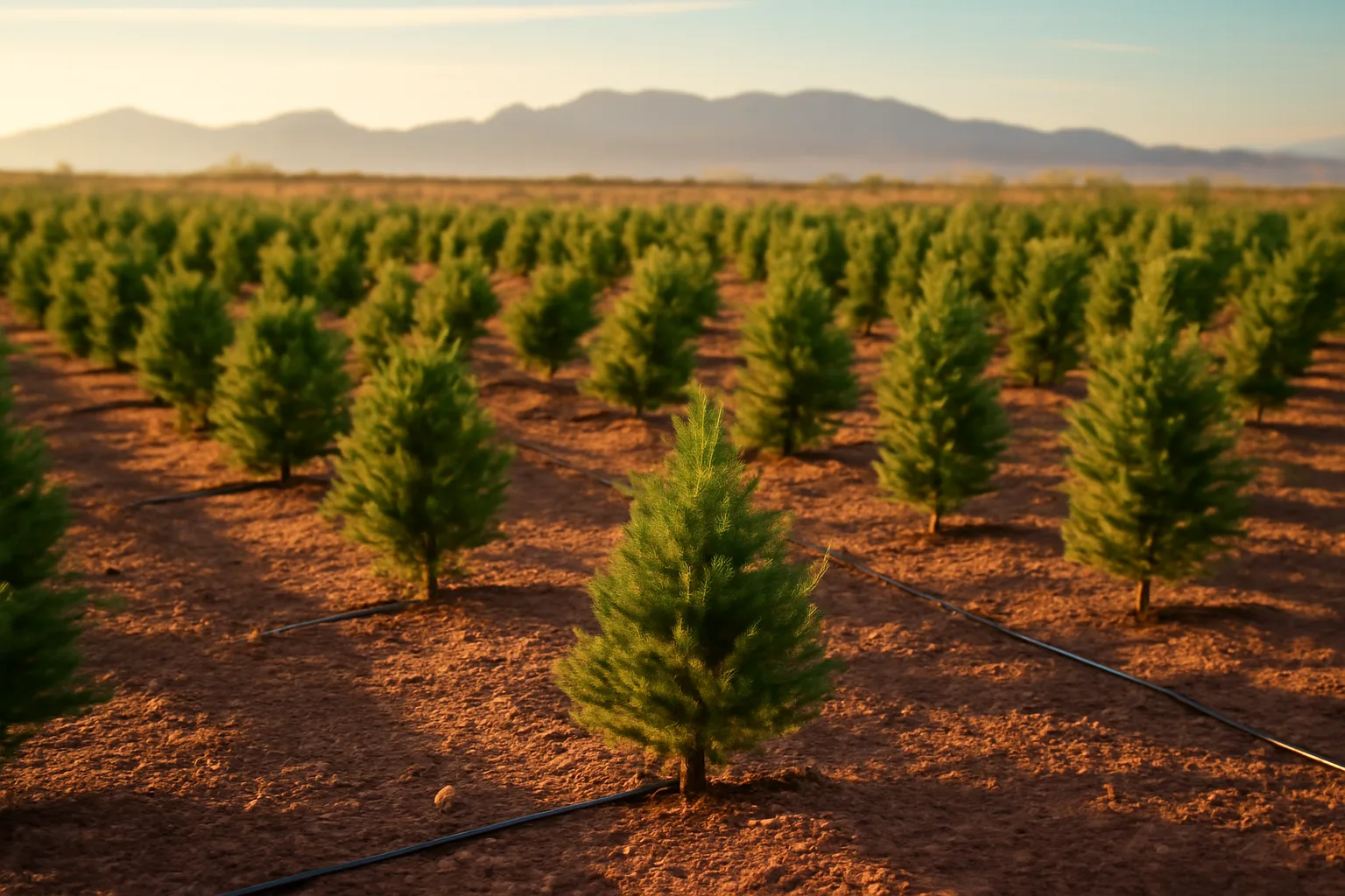 Rows of young Afghan pine Christmas trees on a drip-irrigated Arizona farm with mountains in the background