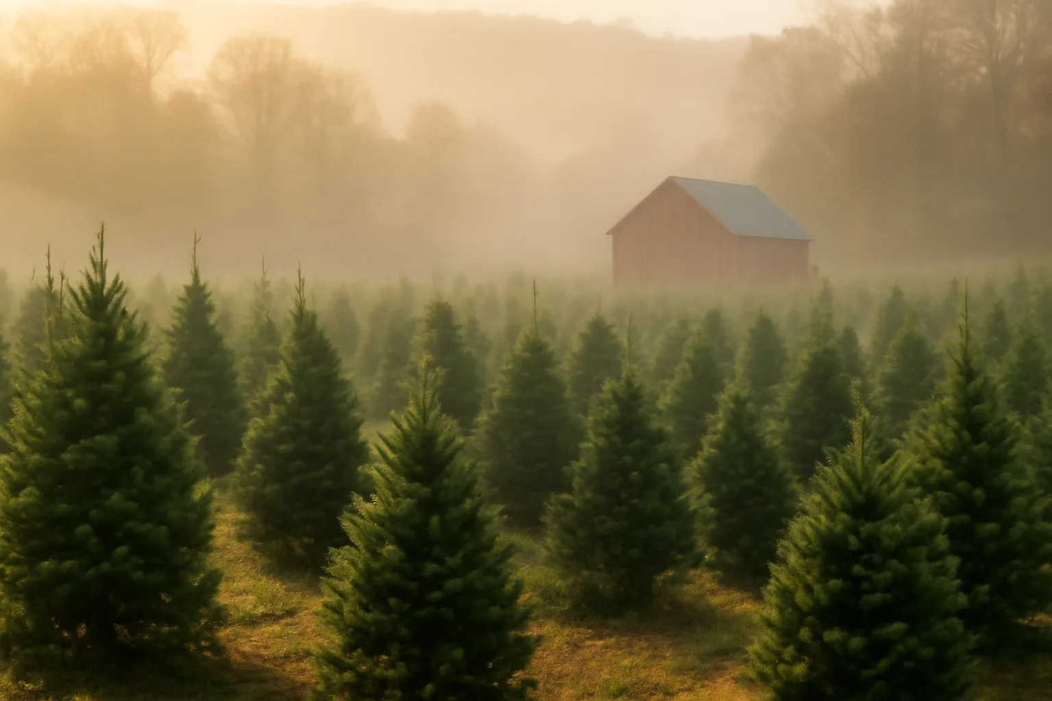 Rows of Virginia pine Christmas trees on an Arkansas farm in early morning light.