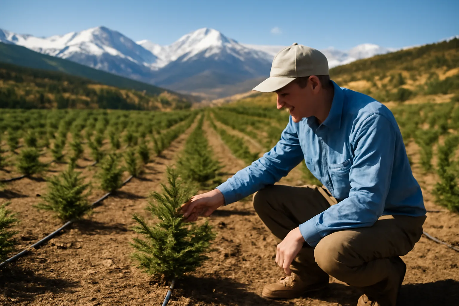 Rows of young Christmas tree saplings on a Colorado hillside