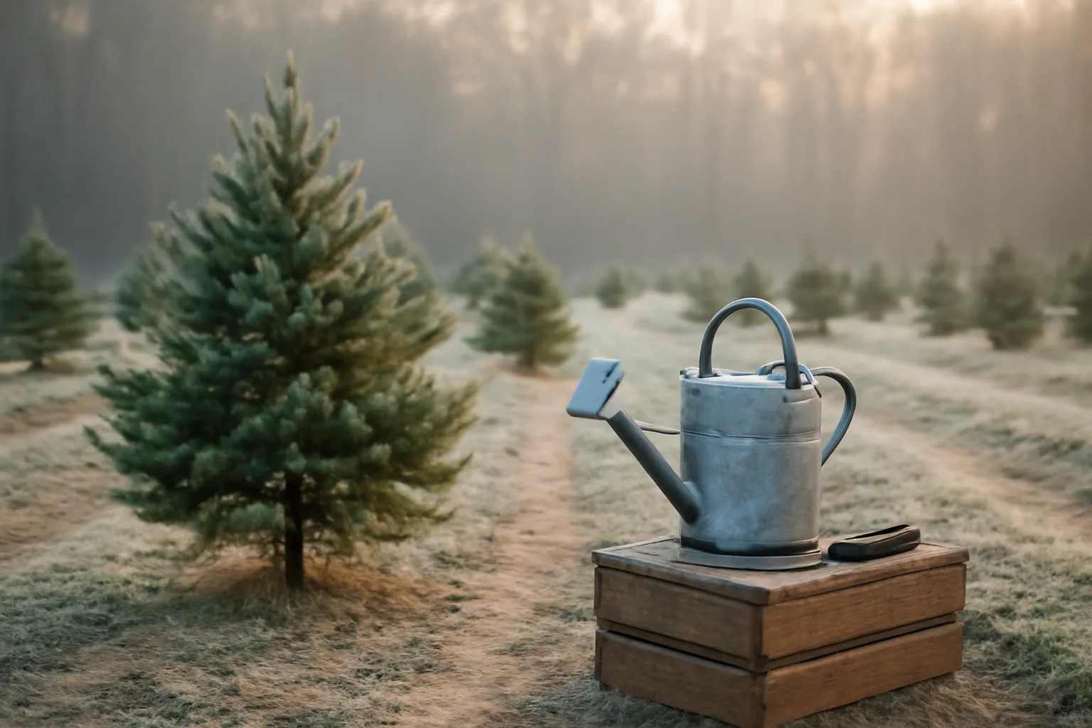 Frosty sheared pines on a small Delaware Christmas tree farm