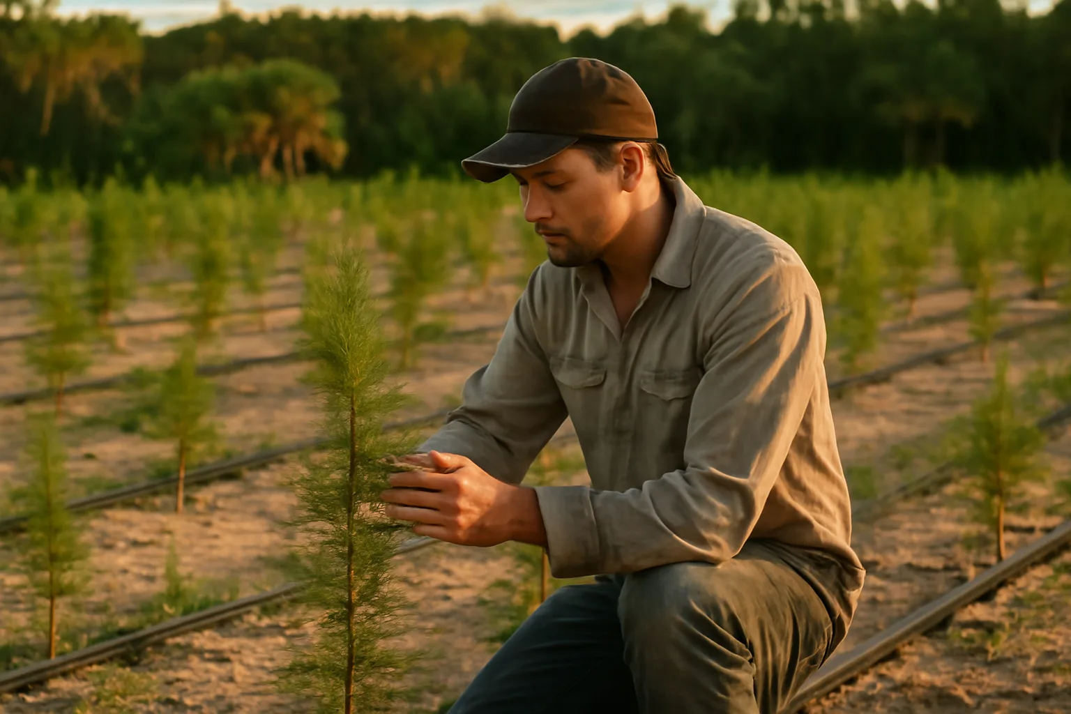Young cypress Christmas trees in a sandy Florida farm field