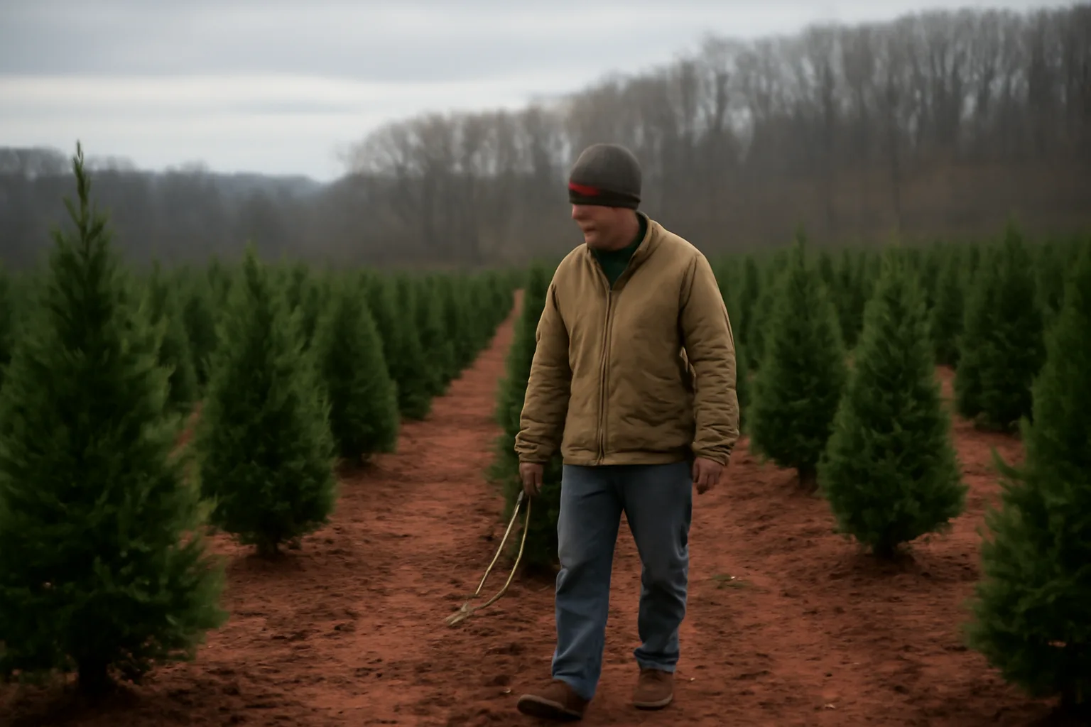 Grower walking sheared Leyland rows on a Georgia Christmas tree farm