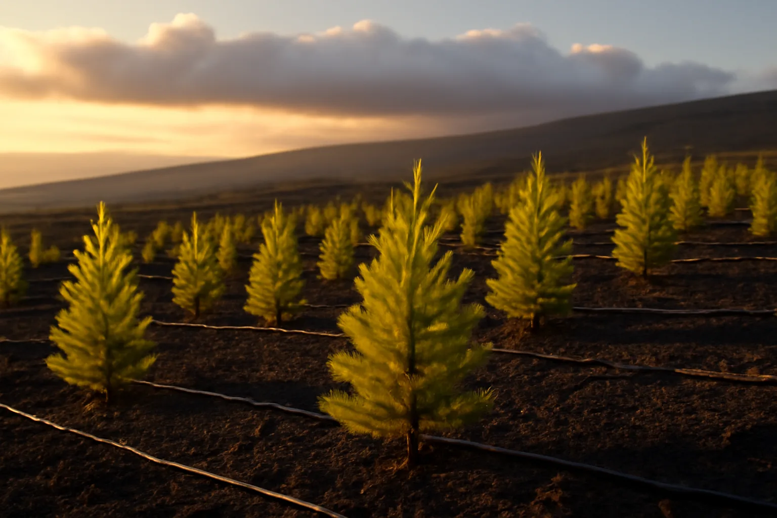 Young Cook pines in volcanic soil on a Hawaii Christmas tree farm